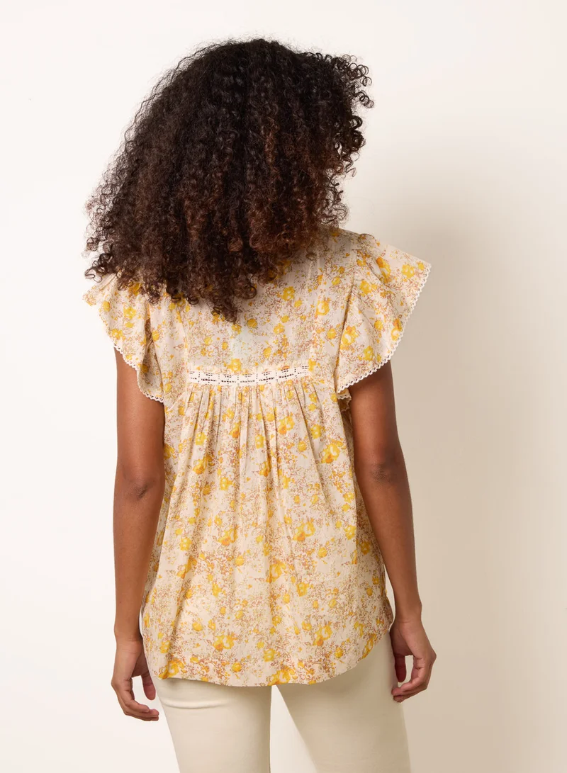 Blue Vanilla Ditsy Floral Cotton Ruffle Sleeve Top
