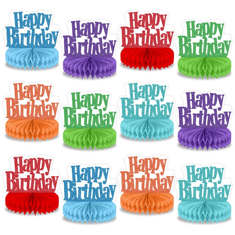 Oitnlaughter 12Pcs Happy Birthday Centerpieces Colorful Birthday Party Decorations Glitter Happy Birthdays Table Honeycomb Centerpieces Decor Table Toppers Ornaments for Glitter Bday Themed Party Supplies Favors - Image 1