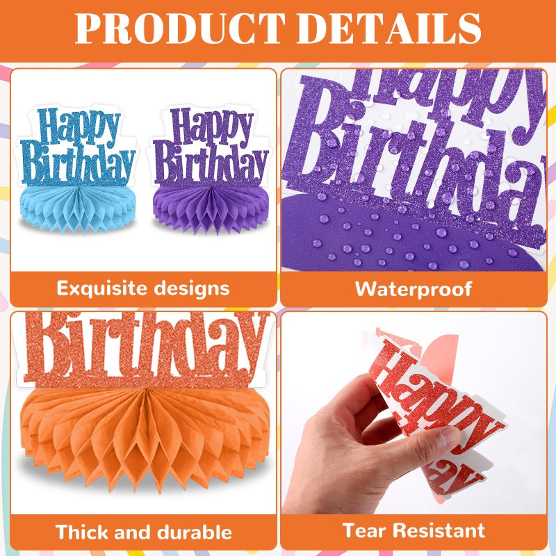 Oitnlaughter 12Pcs Happy Birthday Centerpieces Colorful Birthday Party Decorations Glitter Happy Birthdays Table Honeycomb Centerpieces Decor Table Toppers Ornaments for Glitter Bday Themed Party Supplies Favors - Image 3