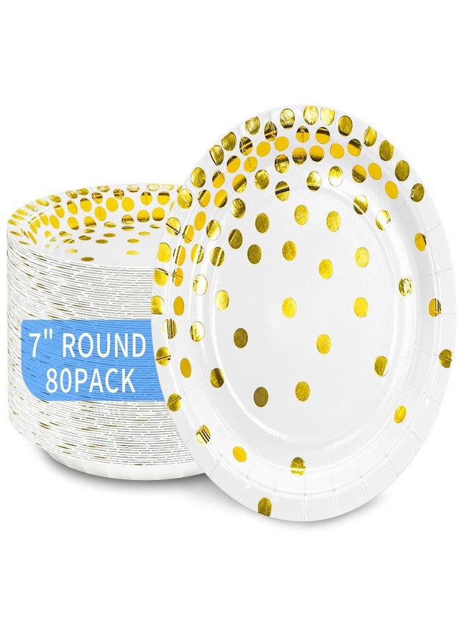 DYLIVeS 80 Count White and Gold Paper Plates, 7 inch Metallic Foil Polka Dots Disposable Dessert Party Plates Cocktail Party Supplies Plates for Birthday, Bridal Shower, Easter, Graduation Party - Image 1