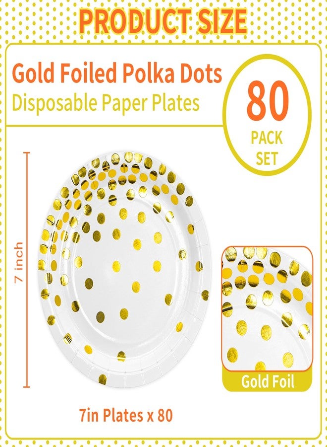 DYLIVeS 80 Count White and Gold Paper Plates, 7 inch Metallic Foil Polka Dots Disposable Dessert Party Plates Cocktail Party Supplies Plates for Birthday, Bridal Shower, Easter, Graduation Party - Image 2