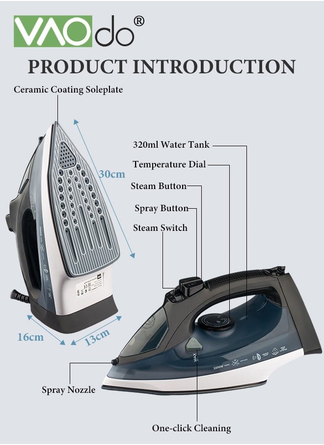 VAOdo - 2200W Steam Iron, Non Stick Soleplate Spray Mist, Anti-Drip, Adjustable Thermostat Control, Variable Steam Control, Self-Clean,Light Weight,320ML Water Tank Iron - Image 1