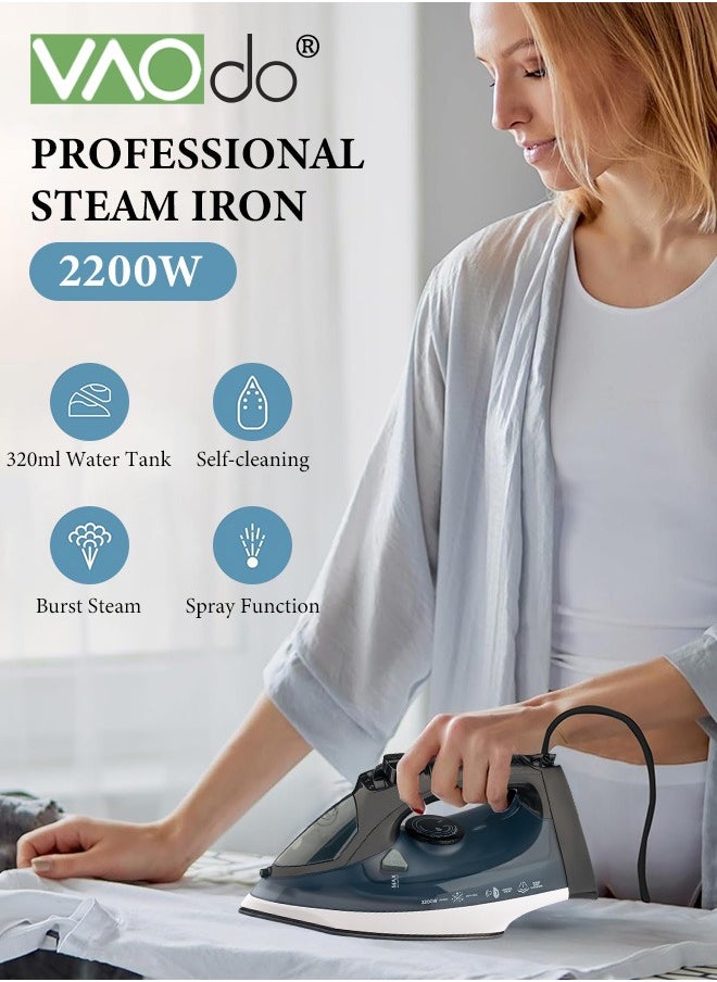 VAOdo - 2200W Steam Iron, Non Stick Soleplate Spray Mist, Anti-Drip, Adjustable Thermostat Control, Variable Steam Control, Self-Clean,Light Weight,320ML Water Tank Iron - Image 1