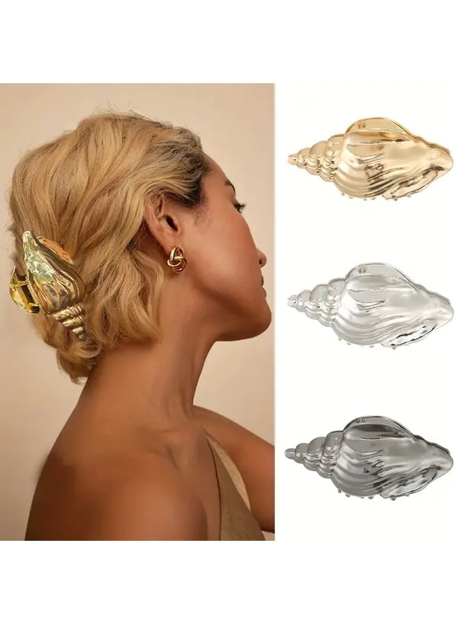 1pc Designer Alloy Conch Shape Shark Teeth Hair Clip For Beach Wedding Birthday Large Size Fashionable Side Clip Black - Image 1