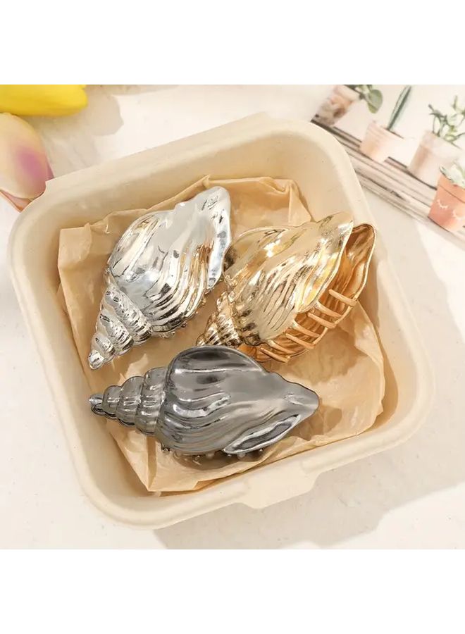 1pc Designer Alloy Conch Shape Shark Teeth Hair Clip For Beach Wedding Birthday Large Size Fashionable Side Clip Black - Image 2