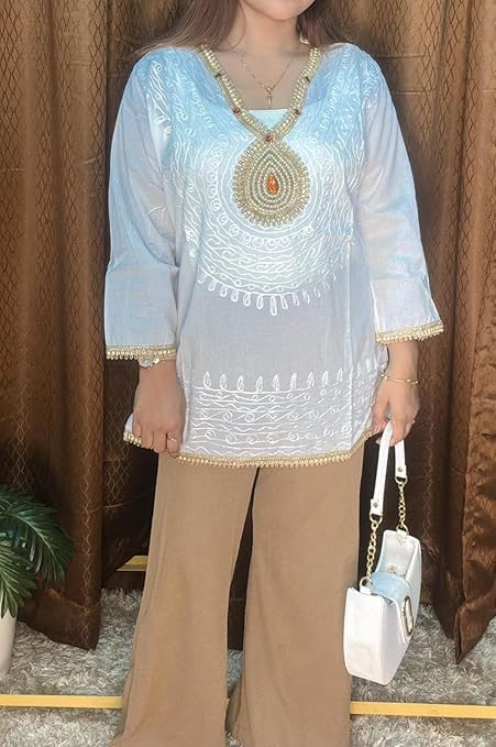 Ukal Women's Cotton Tunic/Summer Short Ethnic Chikan Kurti/Boho Short Ethnic Dress Embroidered V-Neck Tunic Top, Light Blue, 3/4 Sleeves with Gold Trim (in, Alpha, 2XL, White) - Image 4