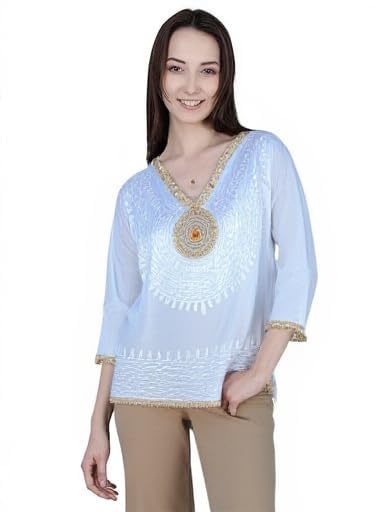 Ukal Women's Cotton Tunic/Summer Short Ethnic Chikan Kurti/Boho Short Ethnic Dress Embroidered V-Neck Tunic Top, Light Blue, 3/4 Sleeves with Gold Trim (in, Alpha, 2XL, White) - Image 5