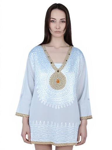 Ukal Women's Cotton Tunic/Summer Short Ethnic Chikan Kurti/Boho Short Ethnic Dress Embroidered V-Neck Tunic Top, Light Blue, 3/4 Sleeves with Gold Trim (in, Alpha, 2XL, White) - Image 2