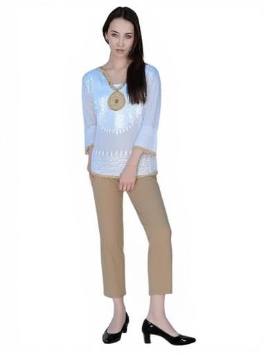 Ukal Women's Cotton Tunic/Summer Short Ethnic Chikan Kurti/Boho Short Ethnic Dress Embroidered V-Neck Tunic Top, Light Blue, 3/4 Sleeves with Gold Trim (in, Alpha, 2XL, White) - Image 3