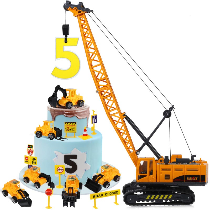 RAYNAG 16 Pieces Construction Cake Topper Construction Birthday Party Supplies Vehicles Cake Decorations with Large Crane Traffic Road Sign Excavator - Image 3
