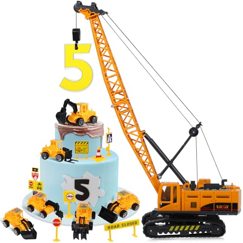 RAYNAG 16 Pieces Construction Cake Topper Construction Birthday Party Supplies Vehicles Cake Decorations with Large Crane Traffic Road Sign Excavator - Image 1