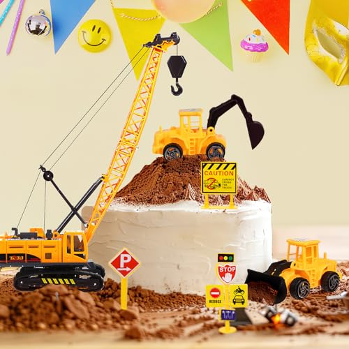 RAYNAG 16 Pieces Construction Cake Topper Construction Birthday Party Supplies Vehicles Cake Decorations with Large Crane Traffic Road Sign Excavator - Image 5