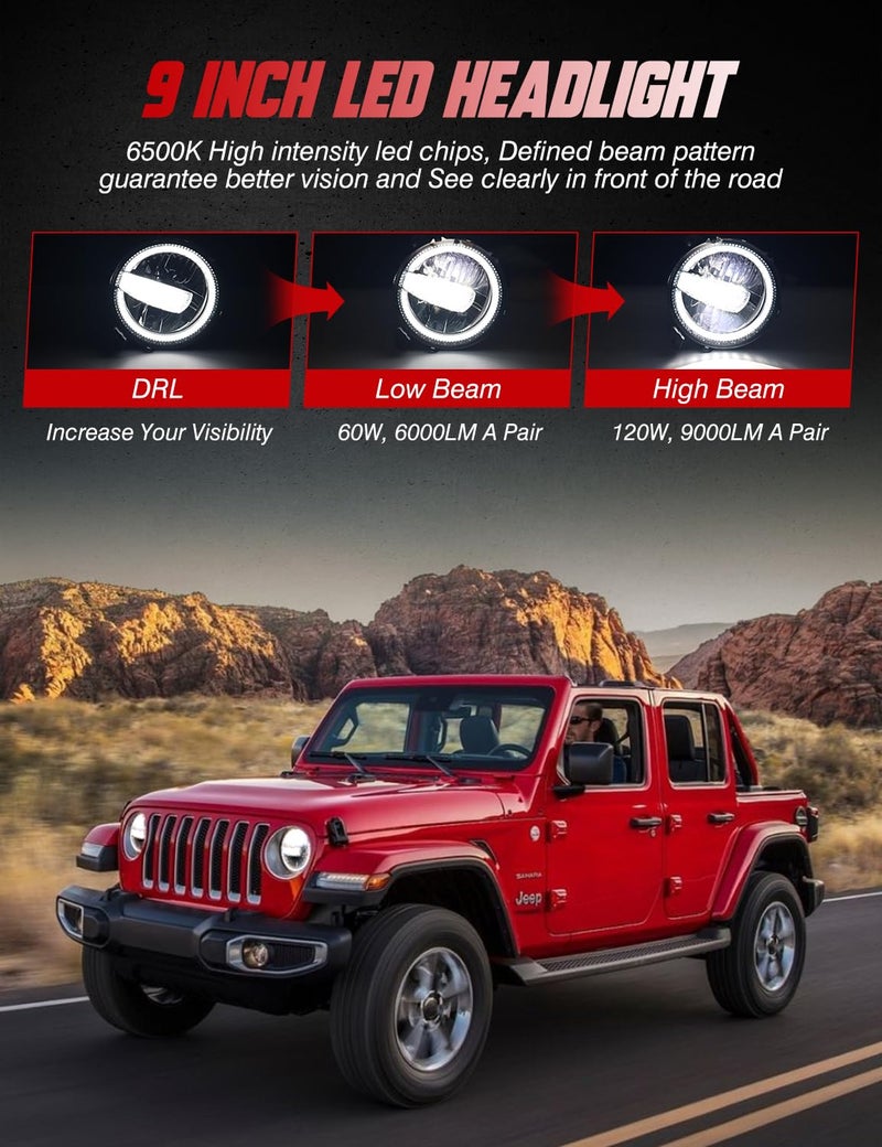 ADTOPI 9 Inch LED Headlights Round Headlights Halo DRL Headlamps with SAE/DOT Approved Head Lamp Replacement Compatible with Jeep Wrangler 2018-2025 JL JLU Gladiator JT SUV (Instructions) - Image 2