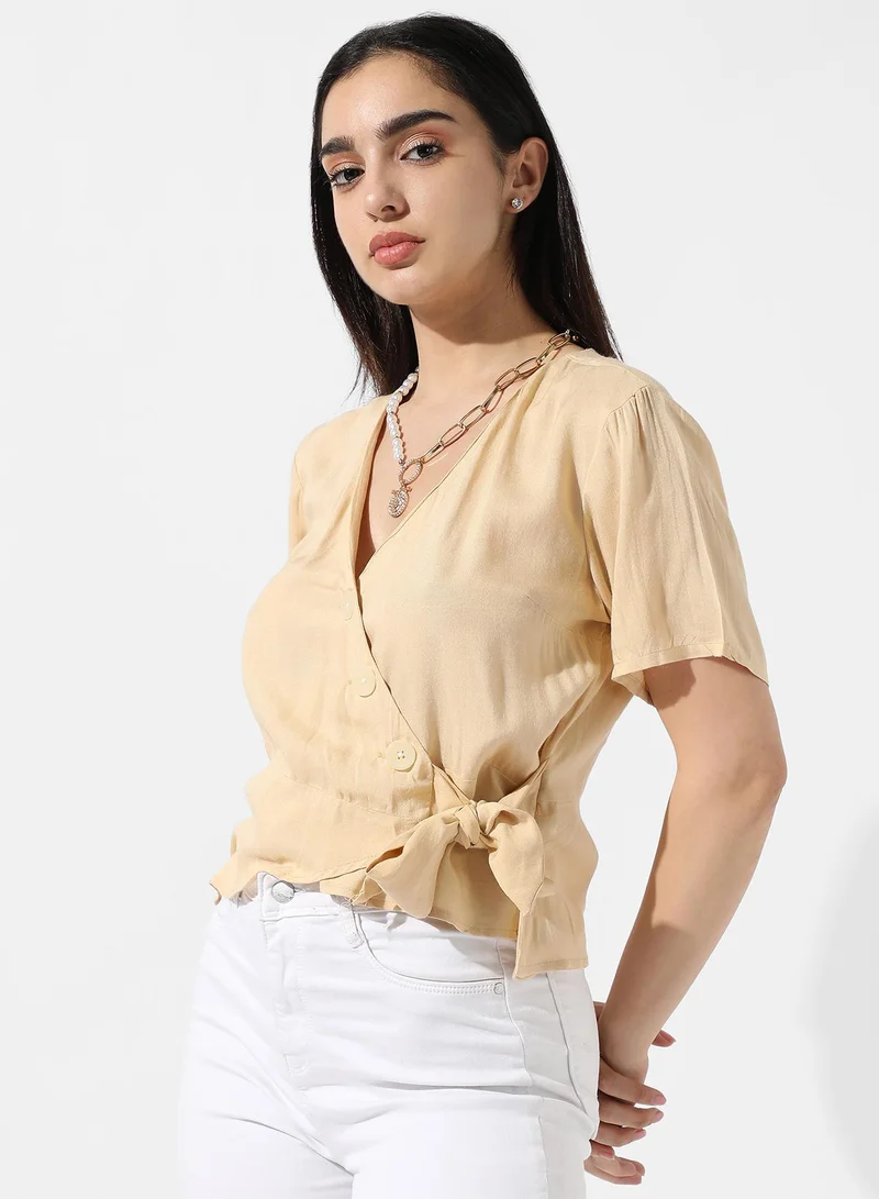 Campus Sutra Women's Light Yellow Wrap-Around Top