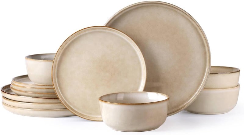 AmorArc Stoneware Dinnerware SetsRound Reactive Glaze Plates and Bowls SetHighly Chip and Crack Resistant  Dishwasher  Microwave Safe Dishes SetService for 4 12pc - Image 1