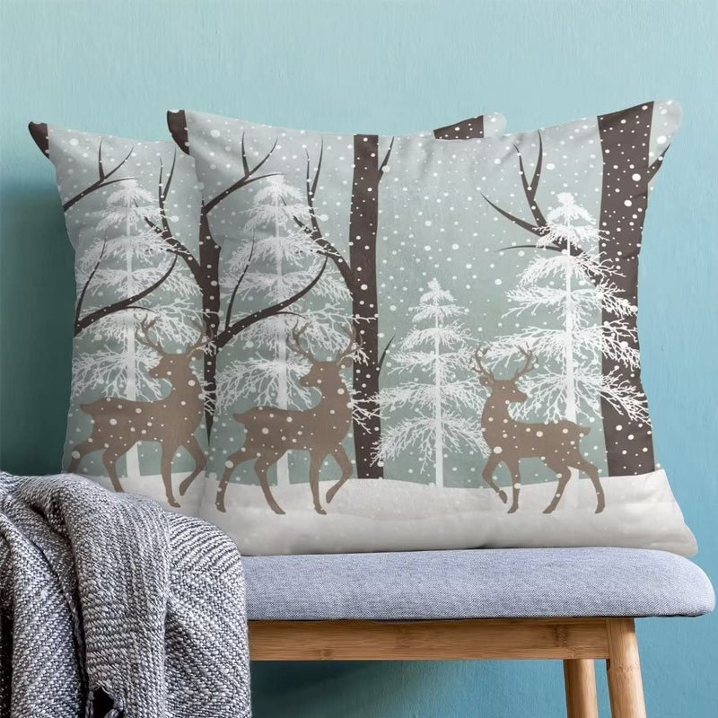 AEIOAE Winter Deer Pillow Covers 20x20 Inch Set of 2  Winter Landscape Snow Tree Throw Pillows Farmhouse Cotton Christmas Pillow Case for Couch Sofa Bedroom Living Room Indoor Outdoor - Image 2