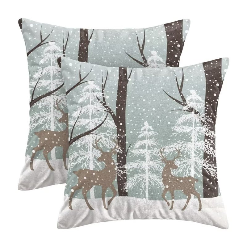AEIOAE Winter Deer Pillow Covers 20x20 Inch Set of 2  Winter Landscape Snow Tree Throw Pillows Farmhouse Cotton Christmas Pillow Case for Couch Sofa Bedroom Living Room Indoor Outdoor - Image 1