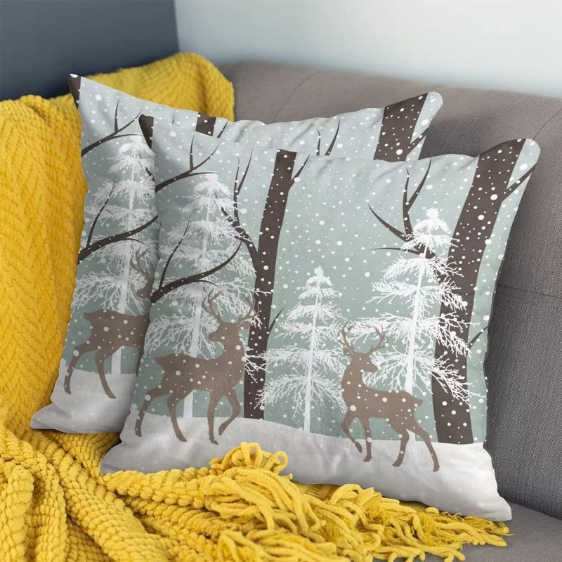 AEIOAE Winter Deer Pillow Covers 20x20 Inch Set of 2  Winter Landscape Snow Tree Throw Pillows Farmhouse Cotton Christmas Pillow Case for Couch Sofa Bedroom Living Room Indoor Outdoor - Image 3