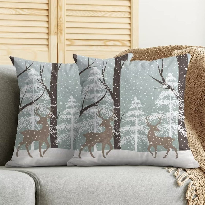 AEIOAE Winter Deer Pillow Covers 20x20 Inch Set of 2  Winter Landscape Snow Tree Throw Pillows Farmhouse Cotton Christmas Pillow Case for Couch Sofa Bedroom Living Room Indoor Outdoor - Image 4