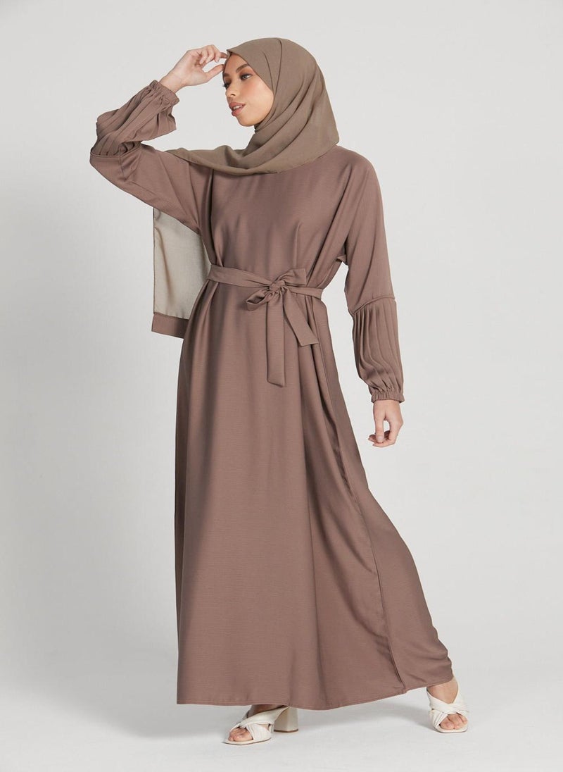 NUKHBAA - Elegant Brown plain abaya wityh belt and Hijab-AB75 - Image 1
