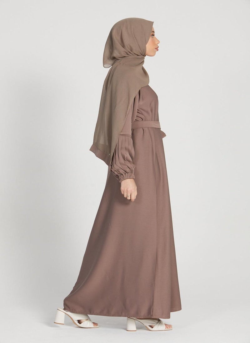 NUKHBAA - Elegant Brown plain abaya wityh belt and Hijab-AB75 - Image 1