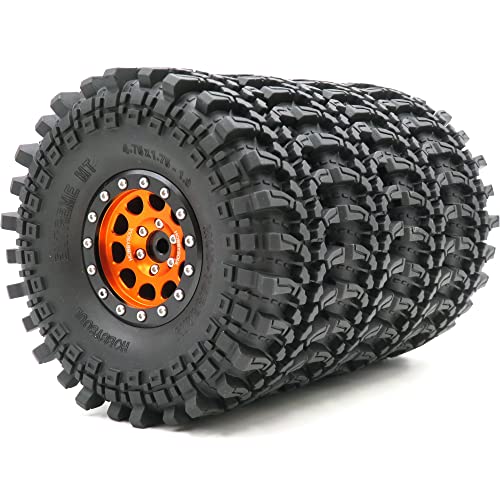 HOBBYSOUL 4pcs RC 19 Mud Terrain Tires Super Grip Soft Crawler Truck Tyre 121mm475inch Aluminium 19 Beadlock Wheel Rim Hex 12mm OrangeBlack Color preMounted - Image 1
