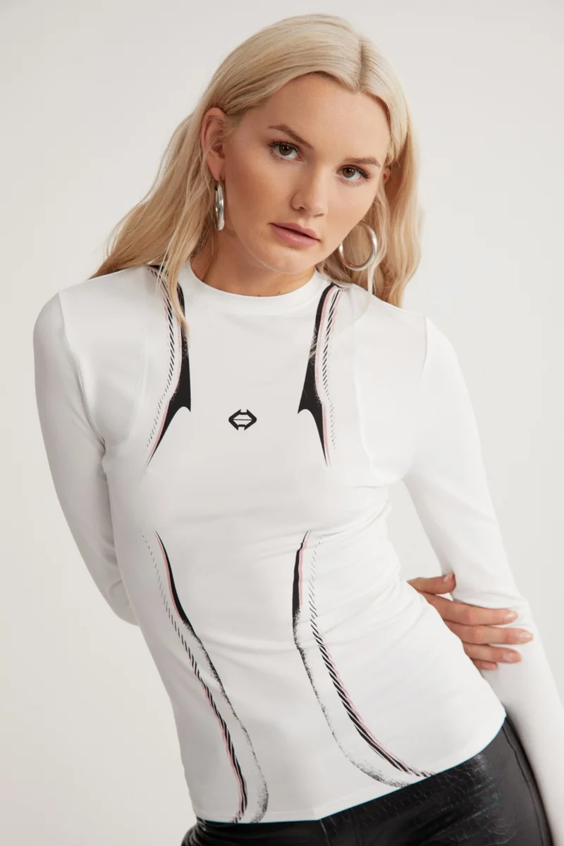 GRIMELANGE Shay Women's Crew Neck Printed Detail Slim Fit Long Sleeve White T-Shirt