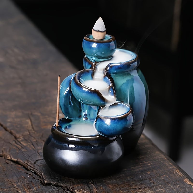 Blue Ceramic Waterfall Backflow Incense Cone Holder Stand Home Decor - Image 5