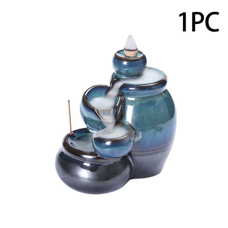 Blue Ceramic Waterfall Backflow Incense Cone Holder Stand Home Decor - Image 1