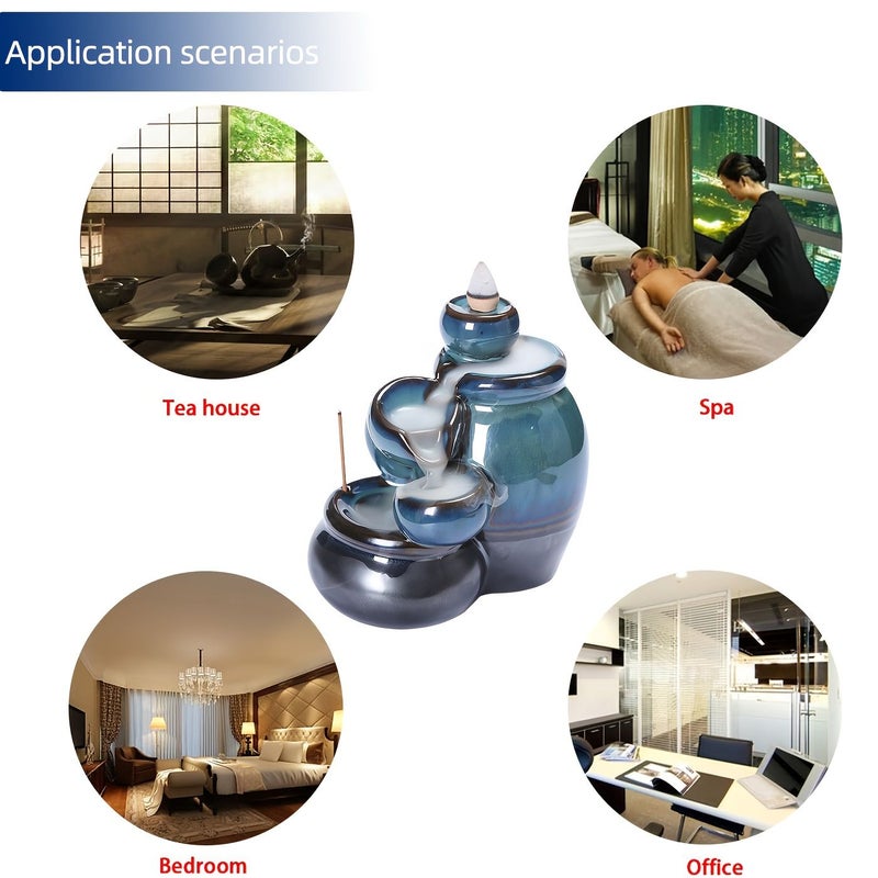 Blue Ceramic Waterfall Backflow Incense Cone Holder Stand Home Decor - Image 4