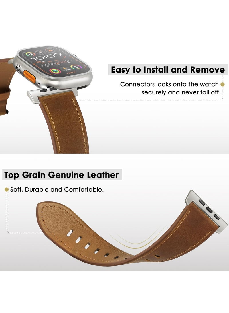 SYOSI Genuine Leather Band Compatible with Apple Watch Ultra 2/Ultra, 49mm 46mm 45mm 44mm 42mm, Strap for Apple Watch Series 10 9 8 7 SE, Retro Brown/Titanium - Image 3