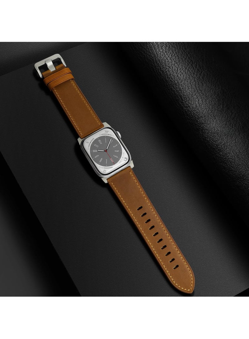 SYOSI Genuine Leather Band Compatible with Apple Watch Ultra 2/Ultra, 49mm 46mm 45mm 44mm 42mm, Strap for Apple Watch Series 10 9 8 7 SE, Retro Brown/Titanium - Image 5