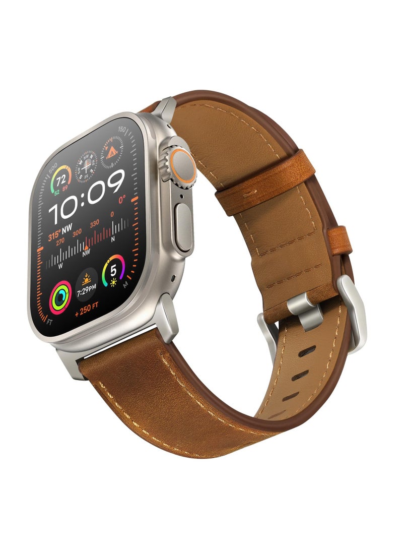 SYOSI Genuine Leather Band Compatible with Apple Watch Ultra 2/Ultra, 49mm 46mm 45mm 44mm 42mm, Strap for Apple Watch Series 10 9 8 7 SE, Retro Brown/Titanium - Image 1
