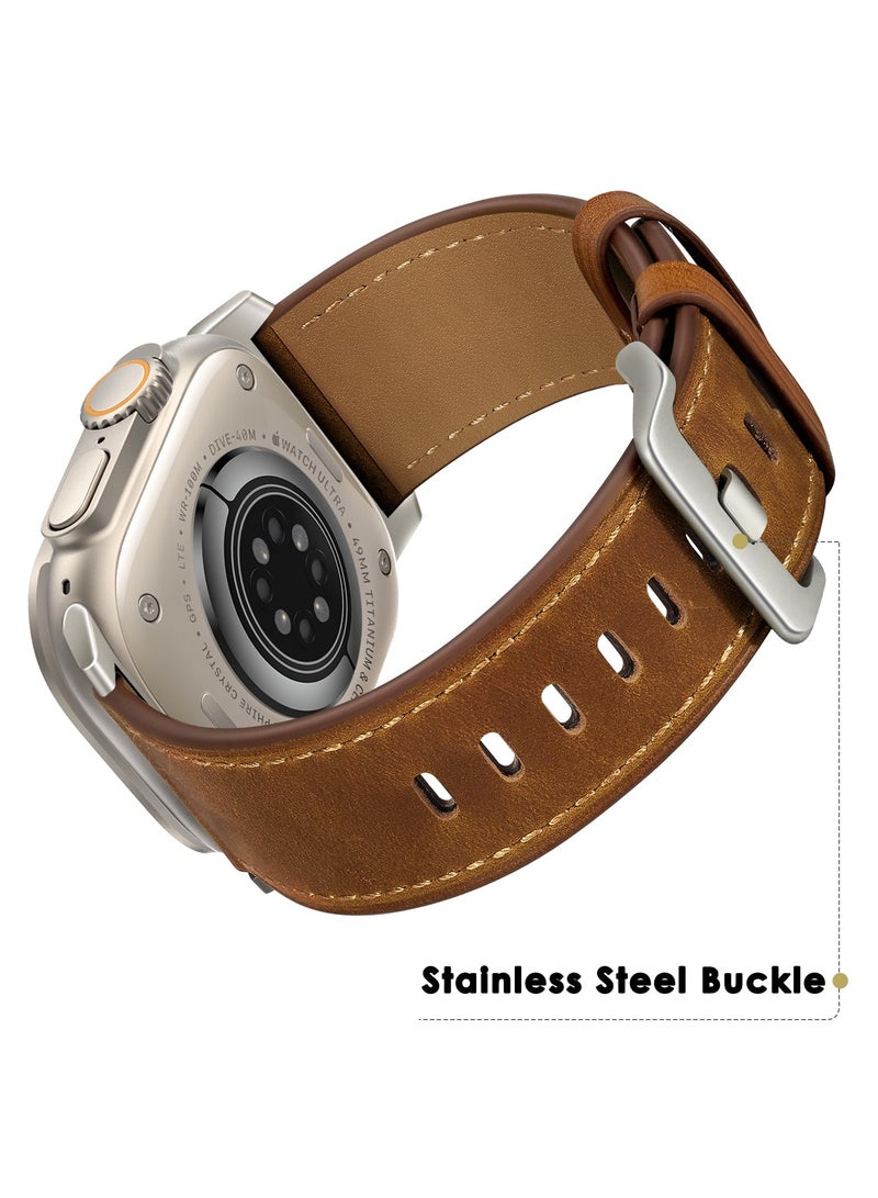 SYOSI Genuine Leather Band Compatible with Apple Watch Ultra 2/Ultra, 49mm 46mm 45mm 44mm 42mm, Strap for Apple Watch Series 10 9 8 7 SE, Retro Brown/Titanium - Image 2