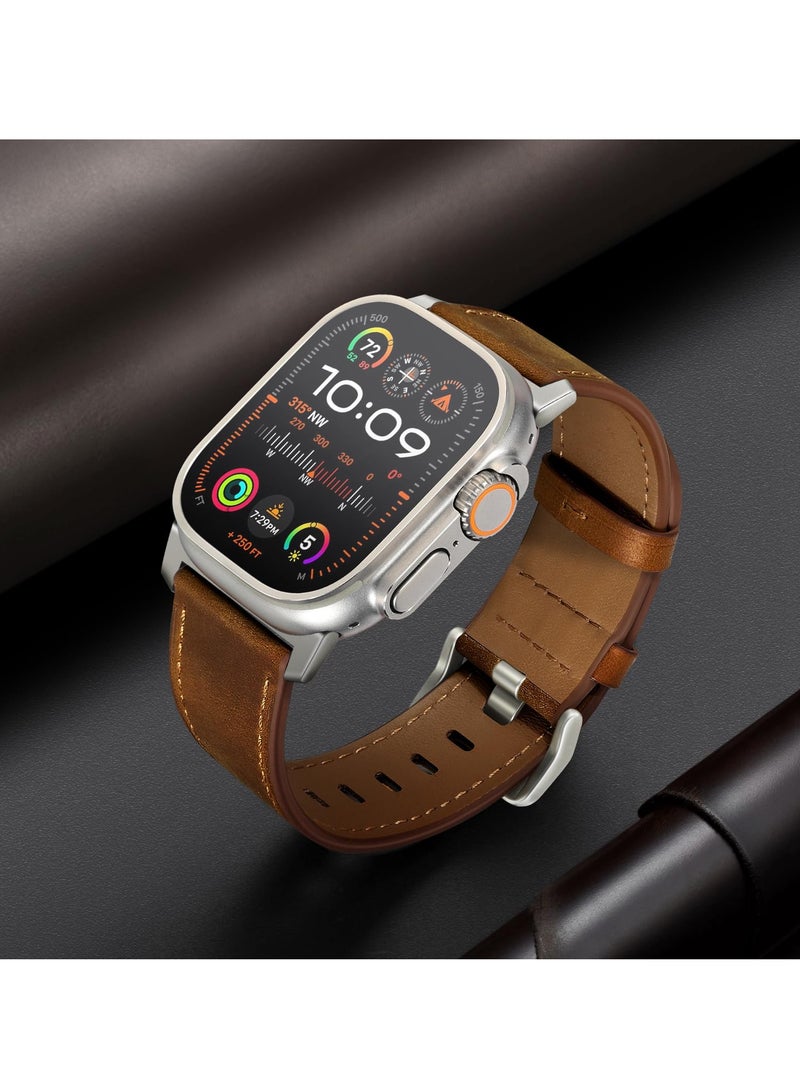 SYOSI Genuine Leather Band Compatible with Apple Watch Ultra 2/Ultra, 49mm 46mm 45mm 44mm 42mm, Strap for Apple Watch Series 10 9 8 7 SE, Retro Brown/Titanium - Image 4