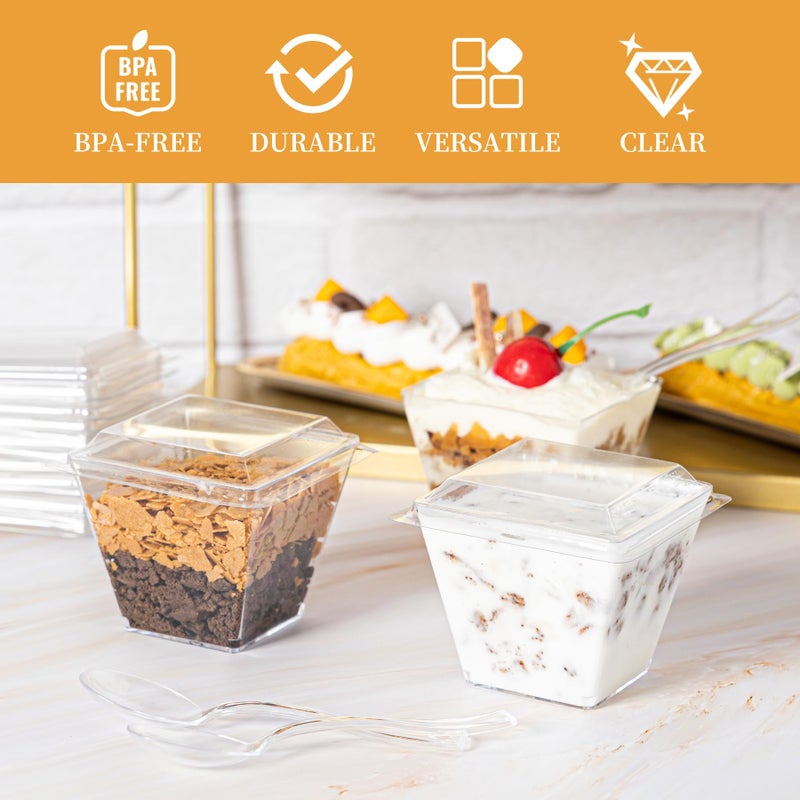 HOMIP 60Pack 4oz Plastic Dessert Cups with Lids and Spoons, Mini Plastic Parfait Cups for Parties, Clear Square Cups for Appetizer Cake Ice-cream - Image 3