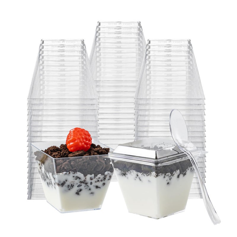HOMIP 60Pack 4oz Plastic Dessert Cups with Lids and Spoons, Mini Plastic Parfait Cups for Parties, Clear Square Cups for Appetizer Cake Ice-cream - Image 1