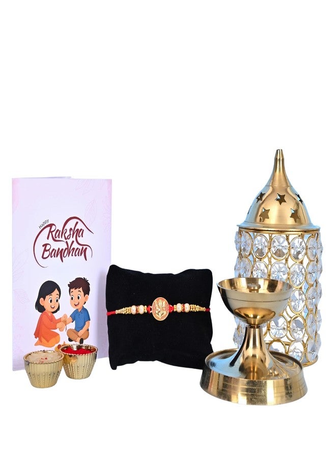 Poorak Religious Assorted Gift – 1 Rakhi, 1 Lamp, Roli Chawal & Greeting Card - Image 1