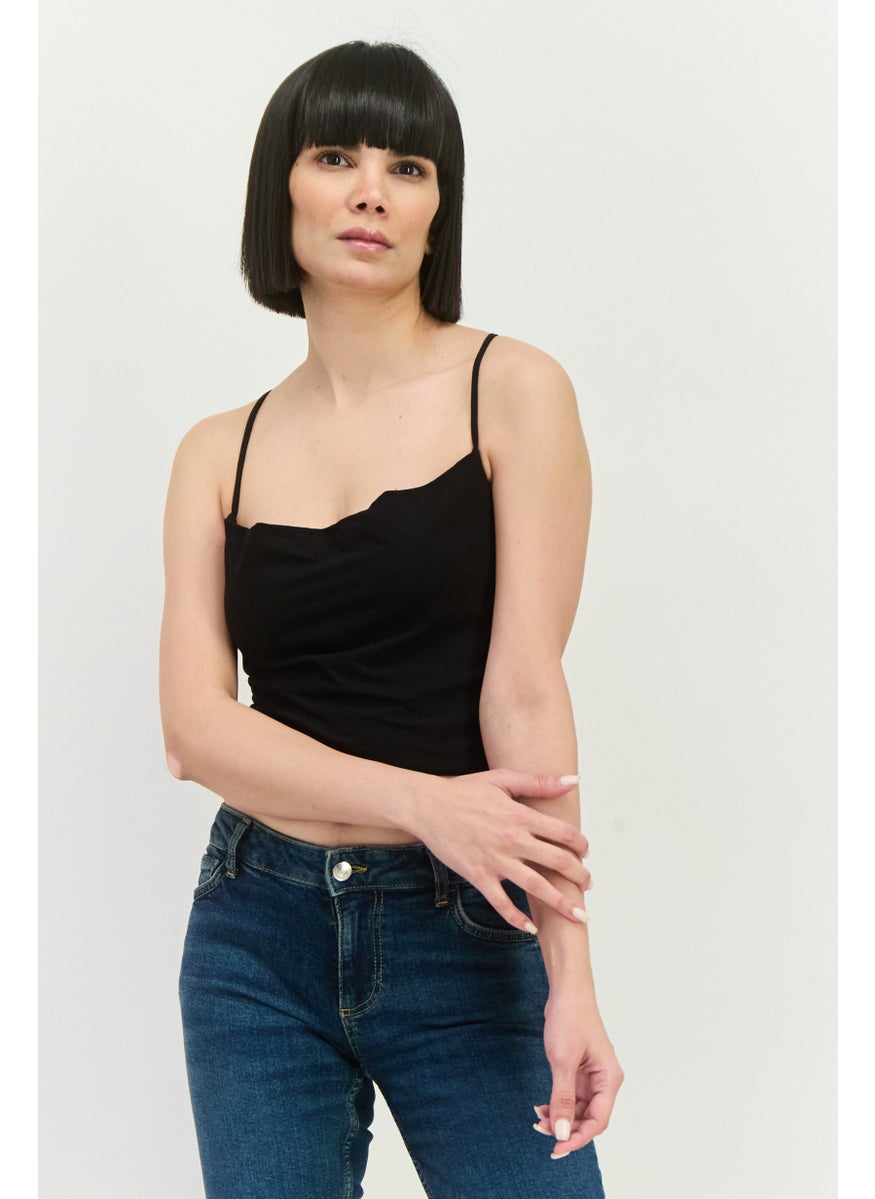 MANGO Women Cowl Neck Sleeveless Plain Tank Top, Black  - Image 1