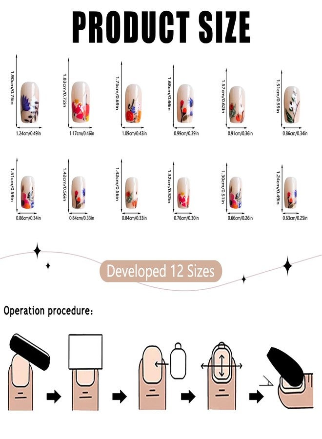 OFDNE French Tip Press on Nails Medium Square OFDNE Flower Fake Nails False Nails with Colorful Floral Designs Nude Glossy Glue on Nails French Manicure Acrylic Nails for Women Girls 24Pcs - Image 5