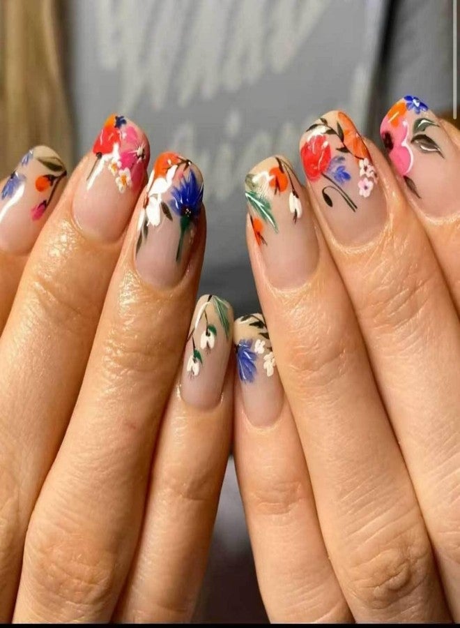 OFDNE French Tip Press on Nails Medium Square OFDNE Flower Fake Nails False Nails with Colorful Floral Designs Nude Glossy Glue on Nails French Manicure Acrylic Nails for Women Girls 24Pcs - Image 1