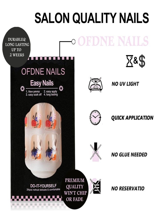 OFDNE French Tip Press on Nails Medium Square OFDNE Flower Fake Nails False Nails with Colorful Floral Designs Nude Glossy Glue on Nails French Manicure Acrylic Nails for Women Girls 24Pcs - Image 2