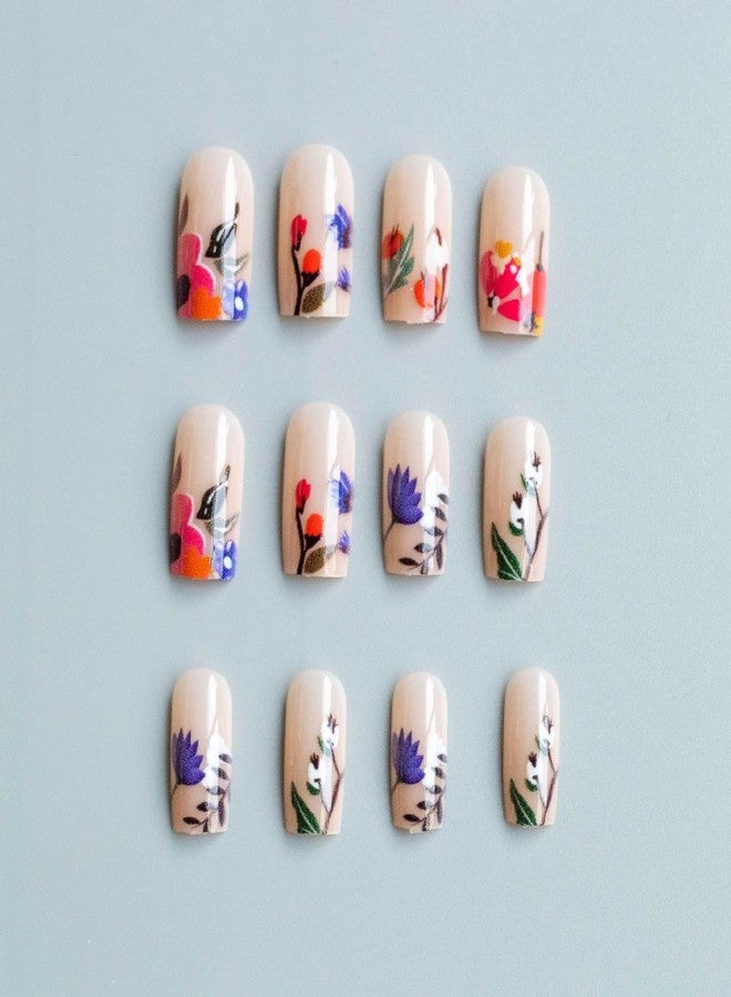 OFDNE French Tip Press on Nails Medium Square OFDNE Flower Fake Nails False Nails with Colorful Floral Designs Nude Glossy Glue on Nails French Manicure Acrylic Nails for Women Girls 24Pcs - Image 4