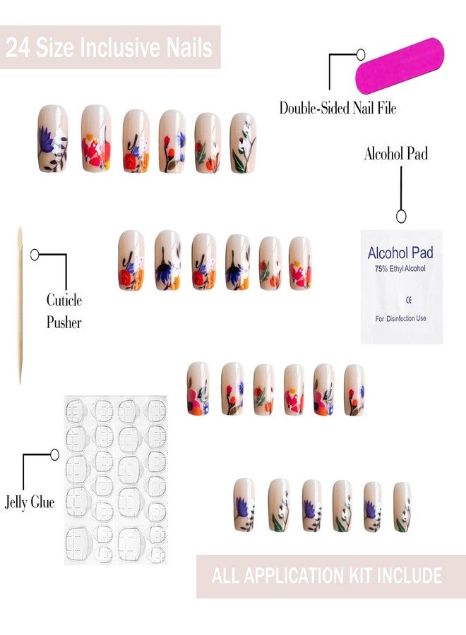 OFDNE French Tip Press on Nails Medium Square OFDNE Flower Fake Nails False Nails with Colorful Floral Designs Nude Glossy Glue on Nails French Manicure Acrylic Nails for Women Girls 24Pcs - Image 3
