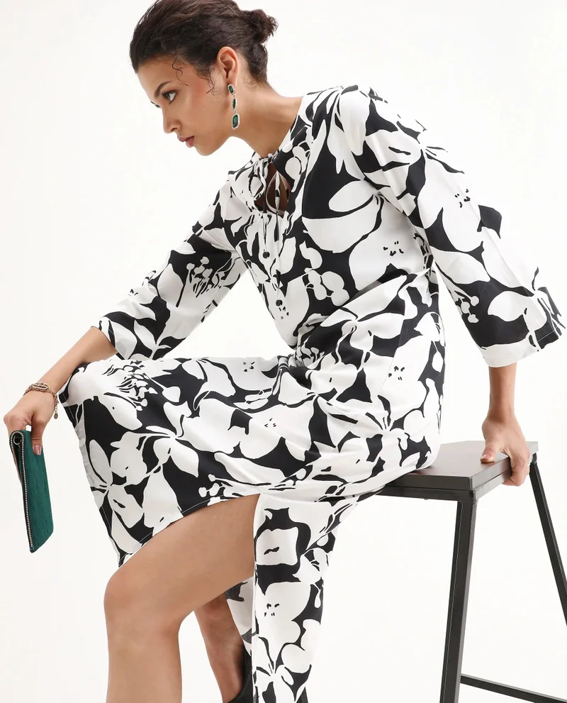 Rareism Women's Printed Straight Fit Midi Dress