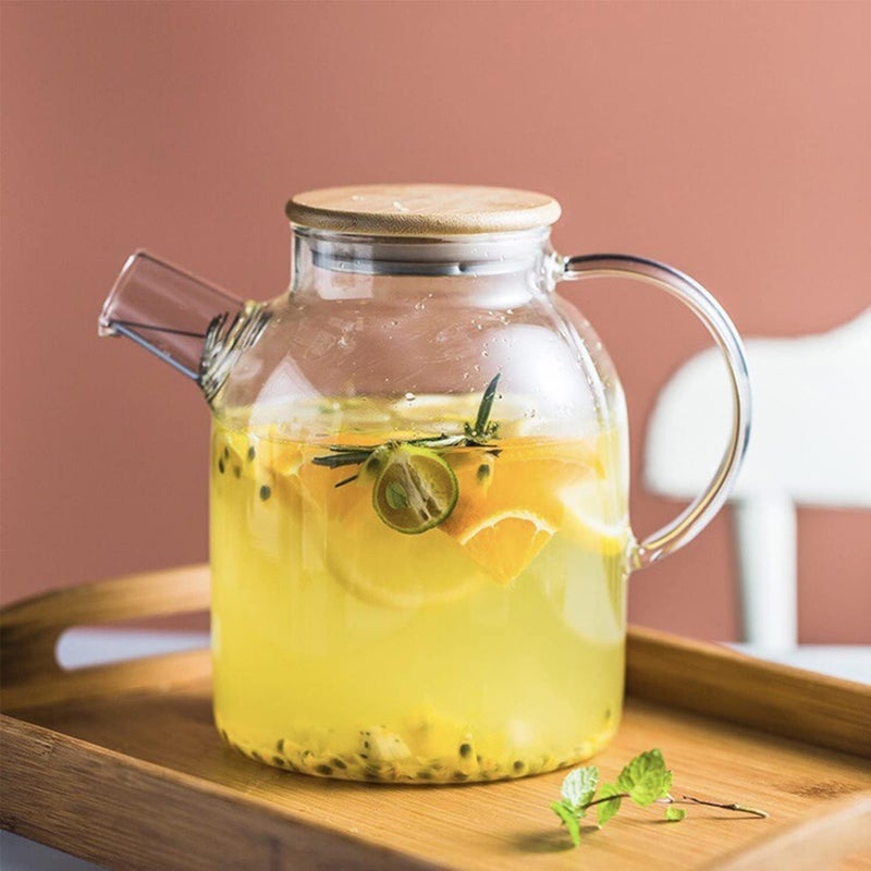 Spaceshoop Glass Water Pitcher with Bamboo Lid, 1600ML Glass Water Kettle, Glass Teapot with A Filter Coil, for Tea Coffee, Stovetop & Fridge Safe - Image 1