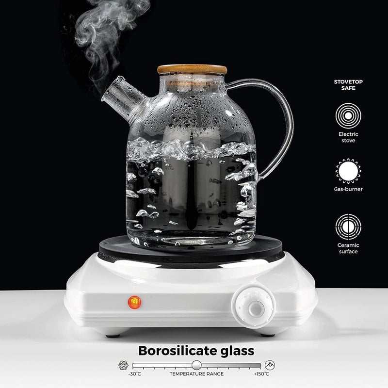 Spaceshoop Glass Water Pitcher with Bamboo Lid, 1600ML Glass Water Kettle, Glass Teapot with A Filter Coil, for Tea Coffee, Stovetop & Fridge Safe - Image 3