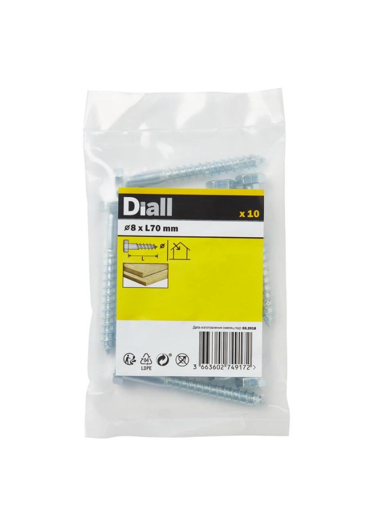 Zinc Plated Carbon Steel Hex Coach Screw Pack 8 X 70 Mm 10 Pc