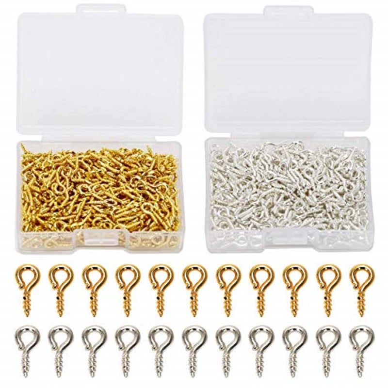 Coolrunner 600pcs Small Screw Eye Pins 10mm x 45mm Eye pins Hooks Eyelets Screw Threaded Silver Clasps Hooks Eye Screws for Arts DIY Making GoldSliver