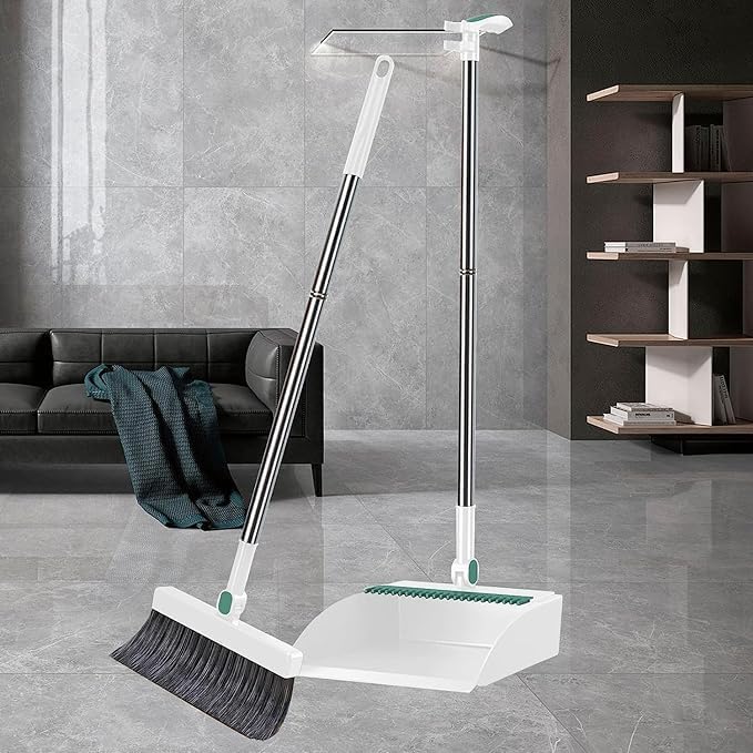 Kiesh Broom and Dustpan Set Stand Up Broom Head and Dust Pan Combo Remove Hair with Builtin Scraping Teeth and Scraper Deep Cleaning for Home Office Floor Cleaning